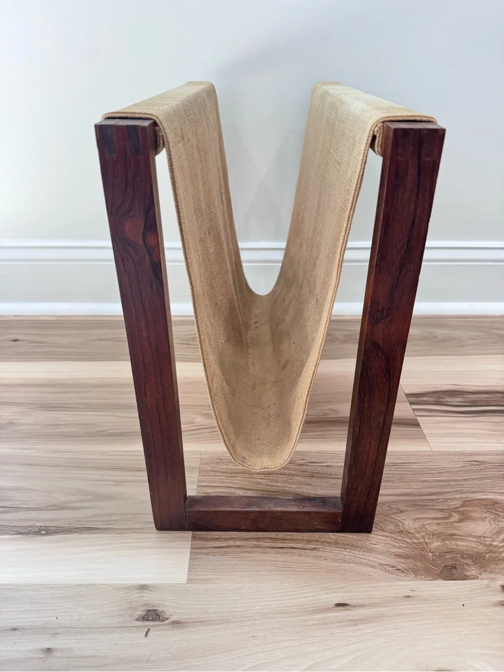 Vintage Mid Century Wooden Magazine Rack Canvas Sling Holder MCM 1960s Decor